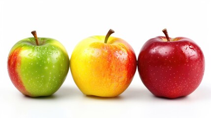 Three red apples sit side by side on a flat surface