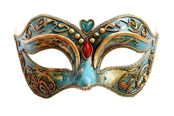 A blue and gold mask sits elegantly on a white background, perfect for use in fashion or beauty compositions