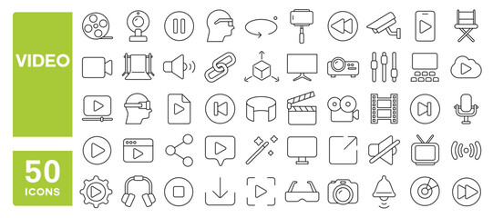 Set of 50 line icons related to video, camera, media, player, production, film roll, focus, shooting, frame, online, 3d, tv, movie, play, pause, Editable stroke. Vector illustration