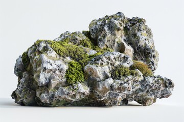 Rock covered in moss sitting on a white surface, suitable for use as a decorative element or in still life compositions