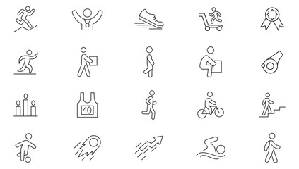 Running line icon collection. Running, man, shoe, foot, walking, fast, logotype, energy, symbol, health, active and body icon set. UI outline icon pack.
