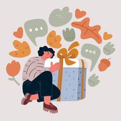 Cartoon Vector Illustration of a Woman Hugging a Large Gift Box