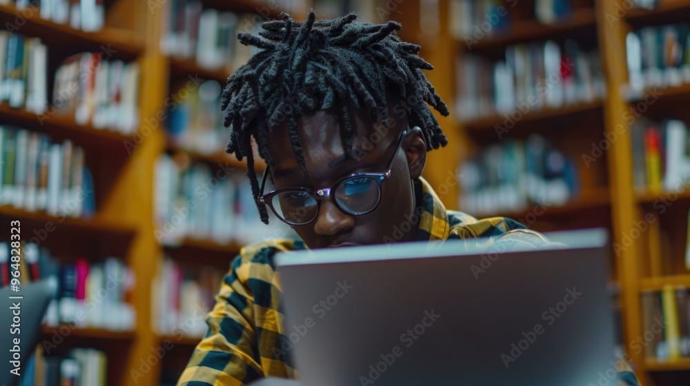 Poster a person sits in front of a laptop computer, focused on their work