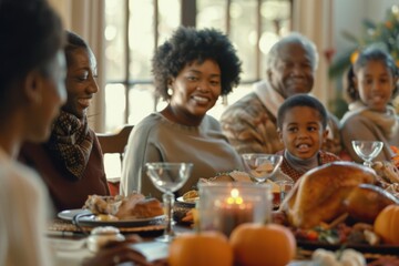 A group of people gathering around a table with a turkey for Thanksgiving or holiday meal