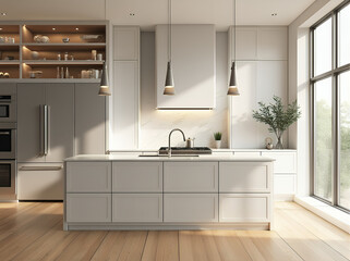  a modern kitchen with a sleek design, featuring a marble island, stainless steel appliances, and white cabinetry. Warm wooden floors and natural light from large windows create a sophisticated 
