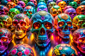 Fototapeta premium A colorful collection of skulls with gold accents. The skulls are arranged in a row and are of various sizes