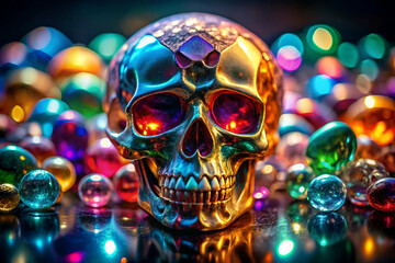 A skull is surrounded by a colorful assortment of glass balls. The skull is surrounded by a variety of colors, including blue, green, red, and yellow. The scene is a mix of the macabre