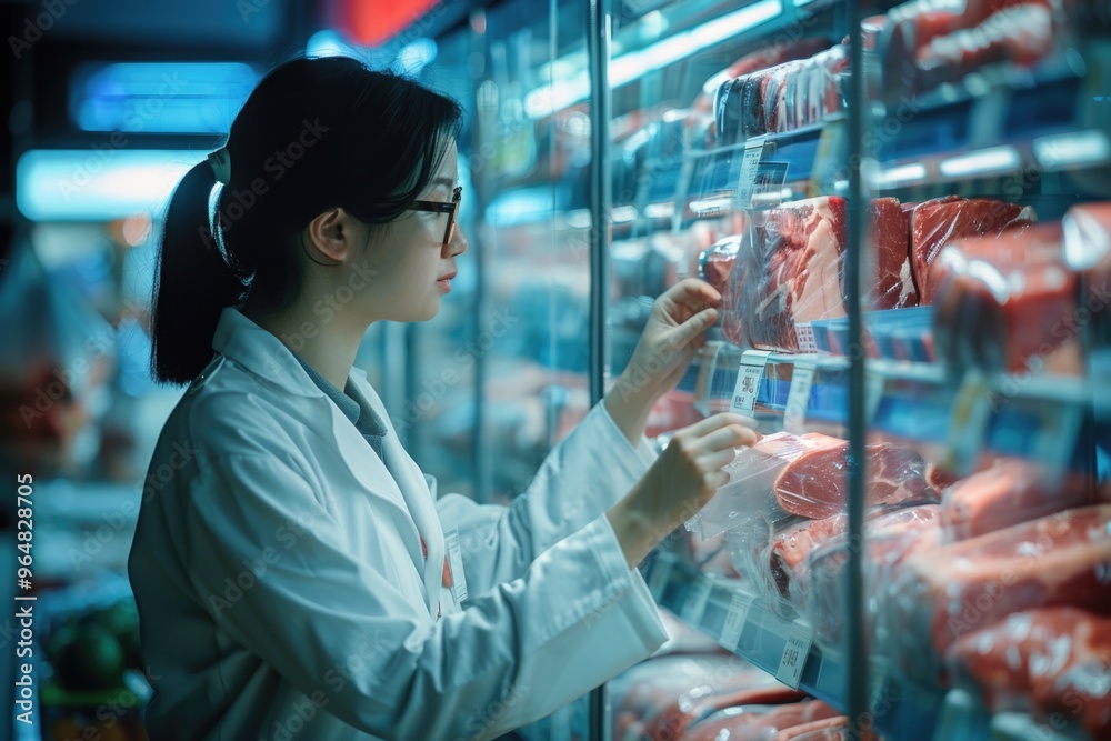 Poster A person studying meat options in a store display