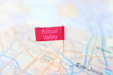 Red Silicon Valley pin with flag in a map of San Jose and Silicon Valley area of Califorinia