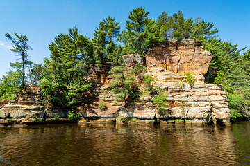 The Cambrian sandstone bluffs along the Wisconsin River in the Wisconsin Dells.