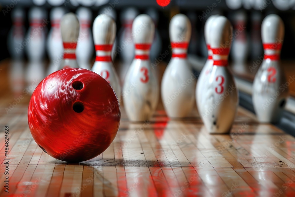 Poster a red bowling ball resting on the surface of a modern bowling alley, ready for use