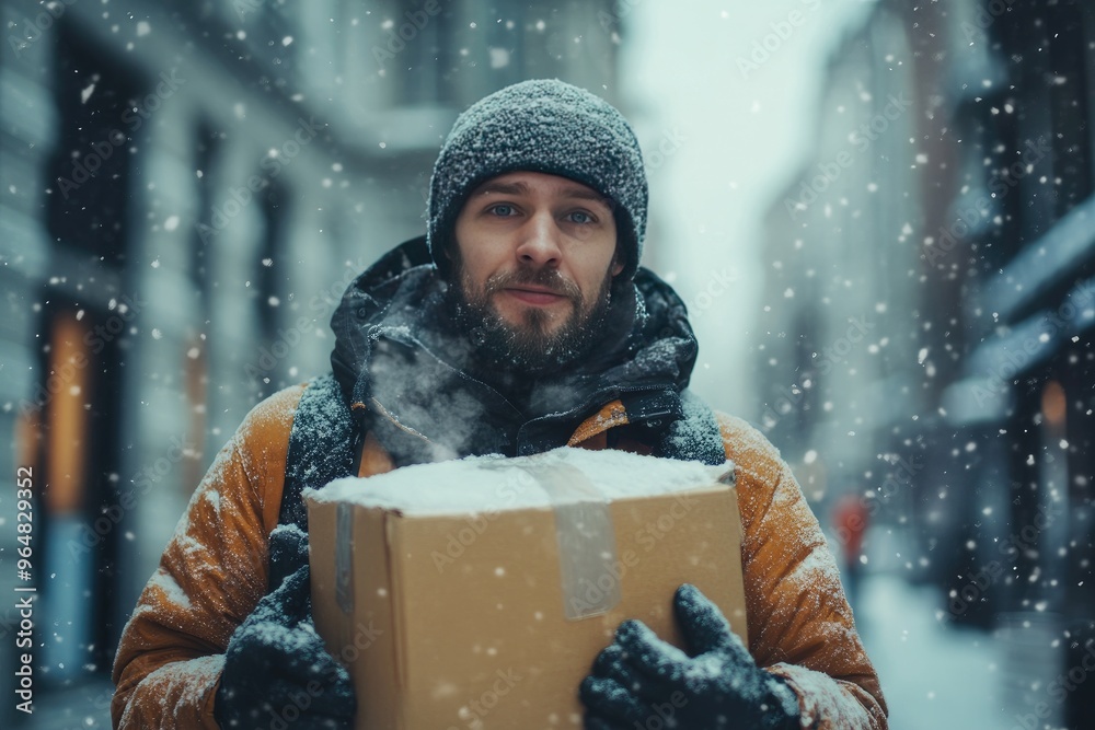 Wall mural courier delivering package in snowy urban winter landscape with snowfall