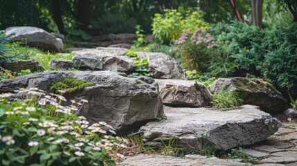 A serene pathway lined with stones and colorful blooms