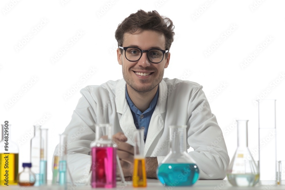 Aufkleber A scientist in a lab coat sits at a table surrounded by test tubes, conducting experiments