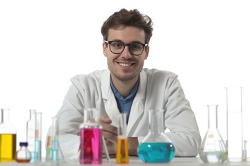Fototapeta premium A scientist in a lab coat sits at a table surrounded by test tubes, conducting experiments