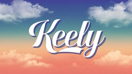 white typography of girls name Keely, sky background with clouds at sunset