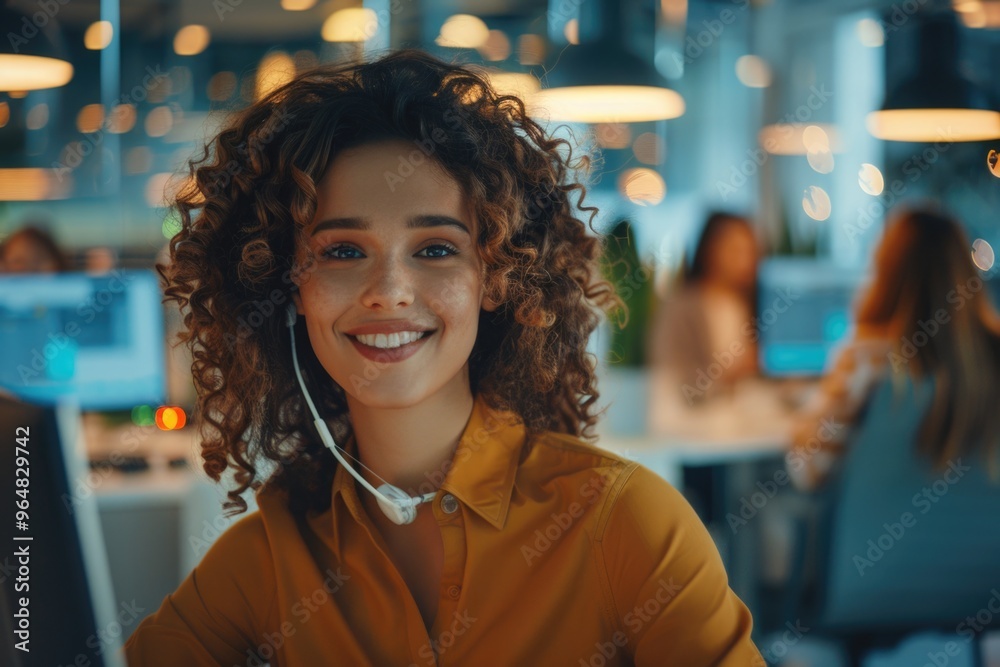 Poster a woman sitting in front of a computer with a smile, representing happiness and productivity