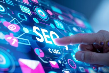 During a tech seminar, an individual engages with a digital display analyzing SEO strategies, featuring various icons, graphs, and interactive elements.