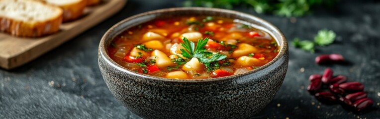 Steaming Chicken Broth with Fresh Parsley on Rustic Table