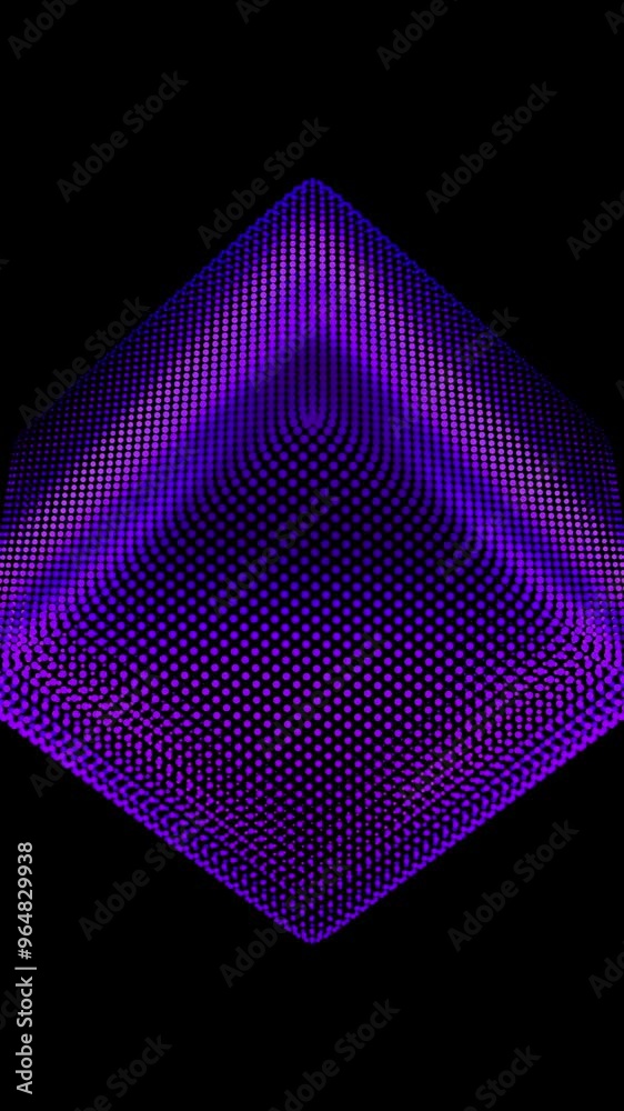 Poster looped distortion waves on abstract cube of particles. digital data splash of box point array. futur