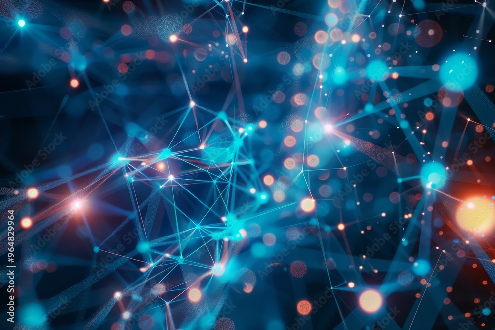 Poster a vibrant abstract representation shows interconnected networks with luminous points in blue and ora