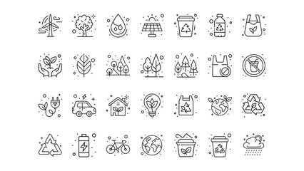 Black and white eco-friendly icons set with minimalistic design for sustainability and conservation concepts