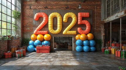Happy New Year 2025 Number. Symbols realistic cartoon 3d render with gift box. Christmas decoration. Celebrate party color sign 2025. Xmas Poster, banner. ai generated