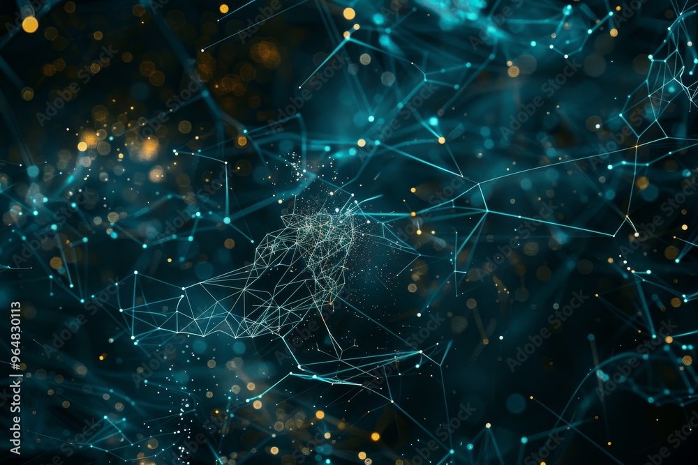 Poster This visual showcases an intricate web of interconnected lines and glowing particles, representing the complexities of digital networks and technology in a modern context.