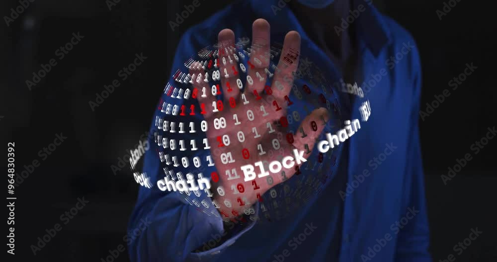 Poster animation of globe with data processing and text over hand of caucasian man on black background