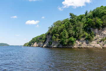 The Cambrian sandstone bluffs along the Wisconsin River in the Wisconsin Dells.