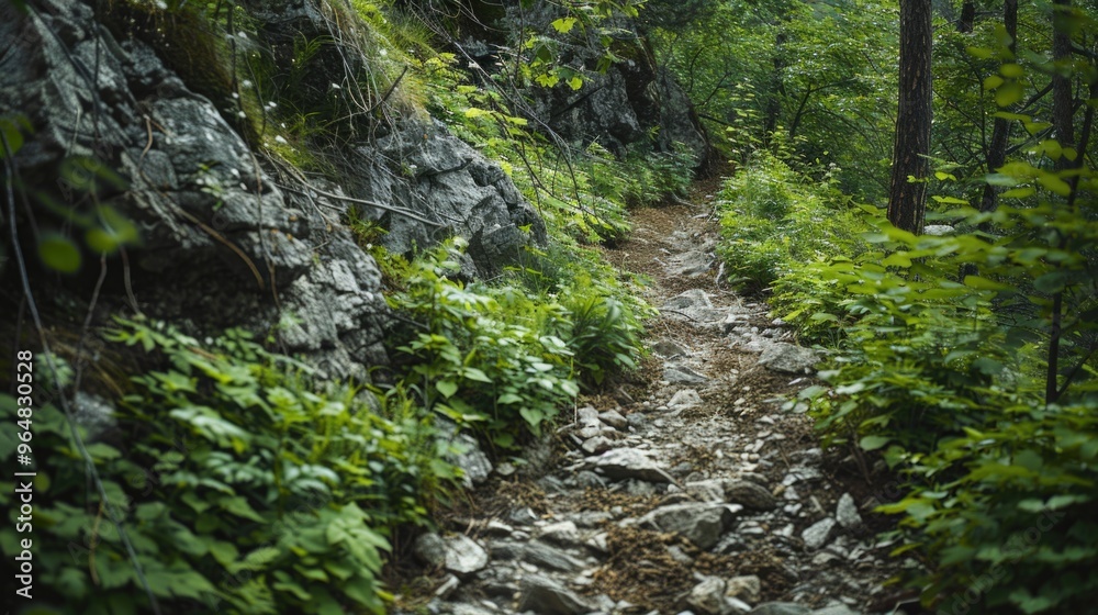 Sticker A winding dirt path through a dense forest with tall trees and undergrowth