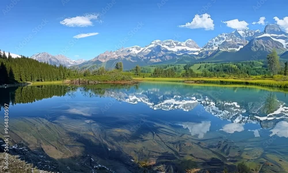 Sticker A serene mountain lake reflecting the snow-capped peaks that surround it. Video