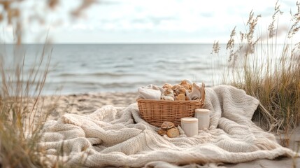 A wicker basket filled with bread rolls on a cozy blanket on the beach.