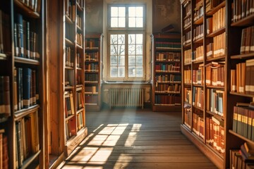 Obraz premium Sunlight filters through large windows, illuminating wooden bookshelves filled with books in a tranquil library on a serene afternoon.