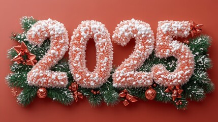 Happy New Year 2025 Number. Symbols realistic cartoon 3d render with gift box. Christmas decoration. Celebrate party color sign 2025. Xmas Poster, banner, cover card, brochure. ai generated