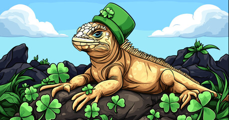 Festive illustration of a lizard wearing a green leprechaun hat surrounded by shamrocks in a St. Patrick’s Day themed scene