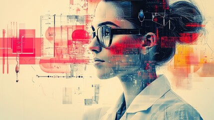 Woman in Glasses Analyzing Data - Futuristic Digital Overlay and Technology Concept