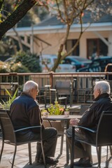 Two elderly gentlemen enjoying the outdoors, possibly sipping coffee or sharing stories