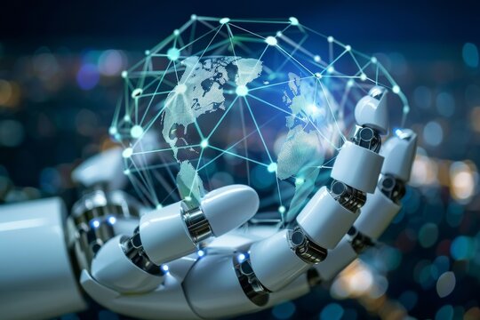 A metallic robotic hand gently supports a glowing digital globe, showcasing interconnected lines that represent global connectivity against a blurred urban nighttime backdrop.