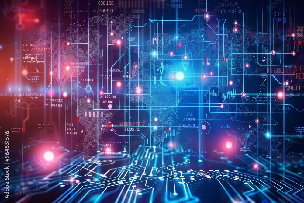 Poster a complex digital circuit board features vibrant glowing lights and intricate patterns, illustrating
