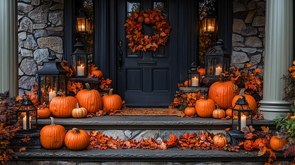 A cozy, fall-inspired front porch decorated with pumpkins, lanterns, and autumn leaves. The soft natural light enhances the warmth of the seasonal decor, perfect for autumn evenings