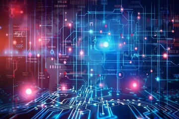 Obraz premium A complex digital circuit board features vibrant glowing lights and intricate patterns, illustrating advanced technology and data processing in a futuristic setting.