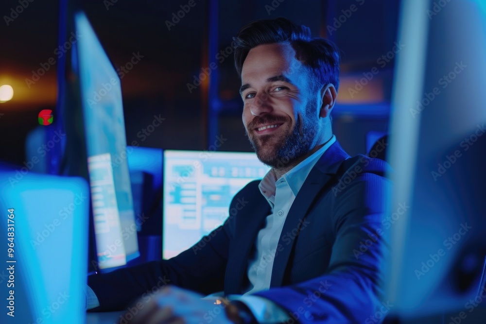 Poster a person sitting in front of a laptop computer