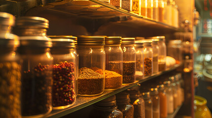 Warm Golden Light Shining on Jars Filled with Assorted Spices on a Wooden Shelf in an Old-Fashioned Kitchen. Rustic Interior and Culinary Concept.