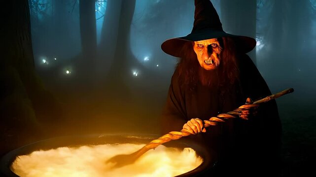 Scary witch stirring glowing black cauldron in misty forest at night, eerie magical horror