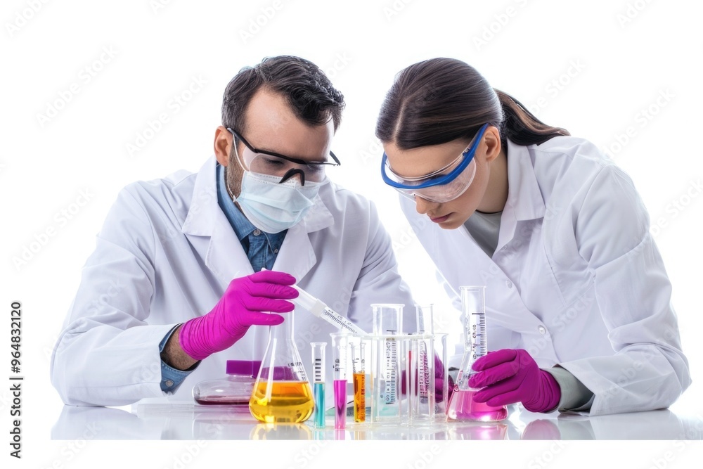 Aufkleber two scientists in lab coats conducting experiments at a workstation
