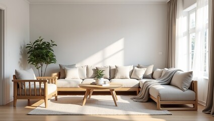 Cozy Scandi living room with light wood furniture neutral tones textured throws highres