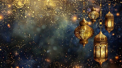 Golden Lanterns with Bokeh Lights and Decorative Patterns