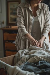 A woman standing over a pile of clothes
