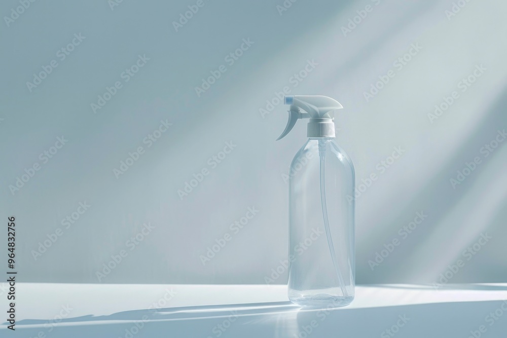 Poster a clear spray bottle sits on top of a table, ready for use